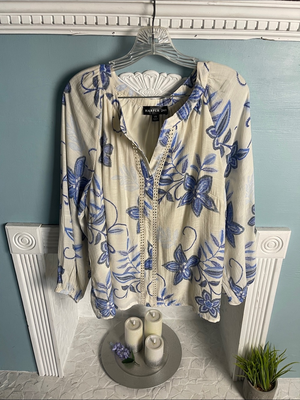Women’s Floral Boho Peasant Top with Crochet Embroidered Front Detail.